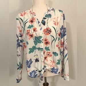 Talbots Tie Front Long Sleeve Floral Blouse Top Size M Medium White